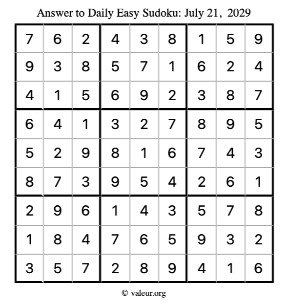 Answer to easy sudoku July 21, 2029