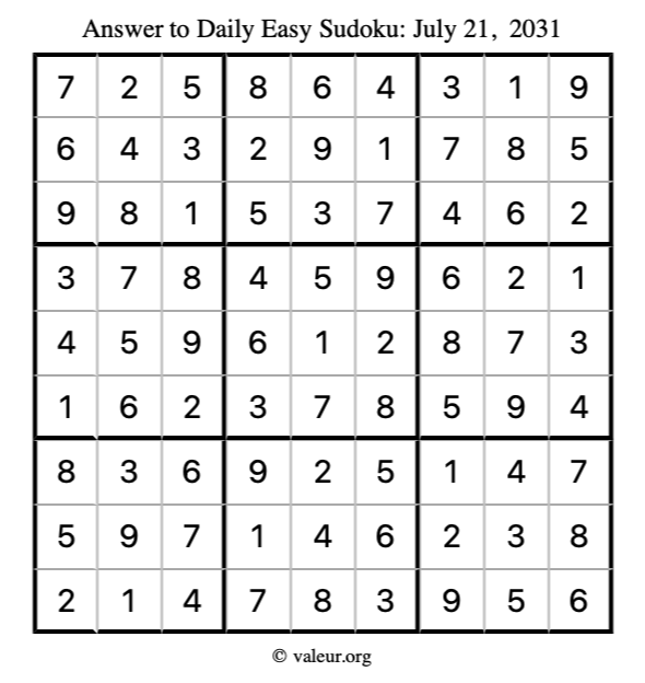 Answer to easy sudoku July 21, 2031