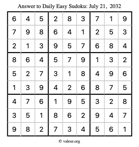 Answer to easy sudoku July 21, 2032