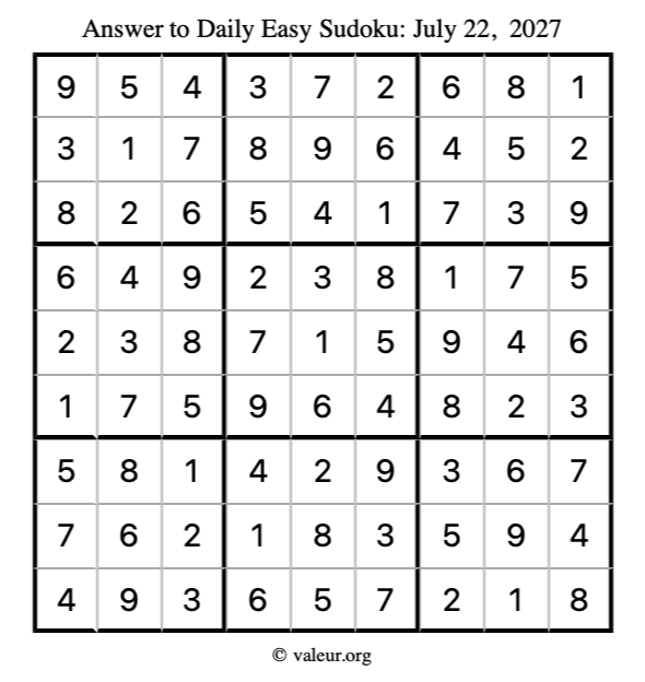 Answer to easy sudoku July 22, 2027