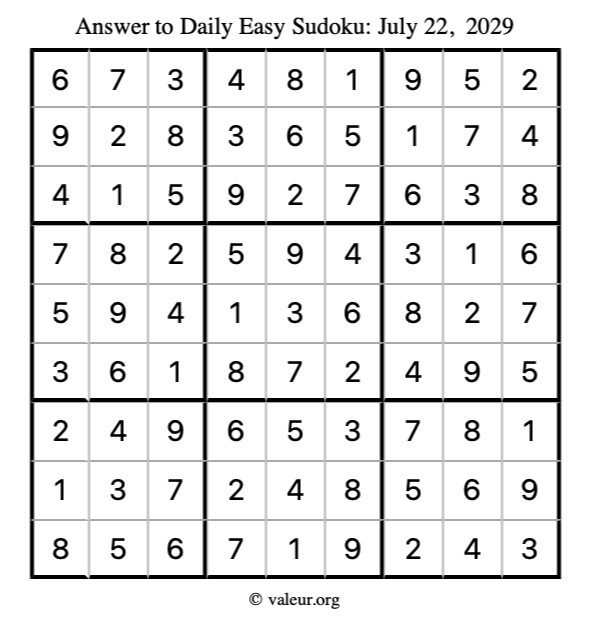 Answer to easy sudoku July 22, 2029