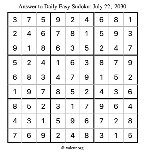 Answer to easy sudoku July 22, 2030