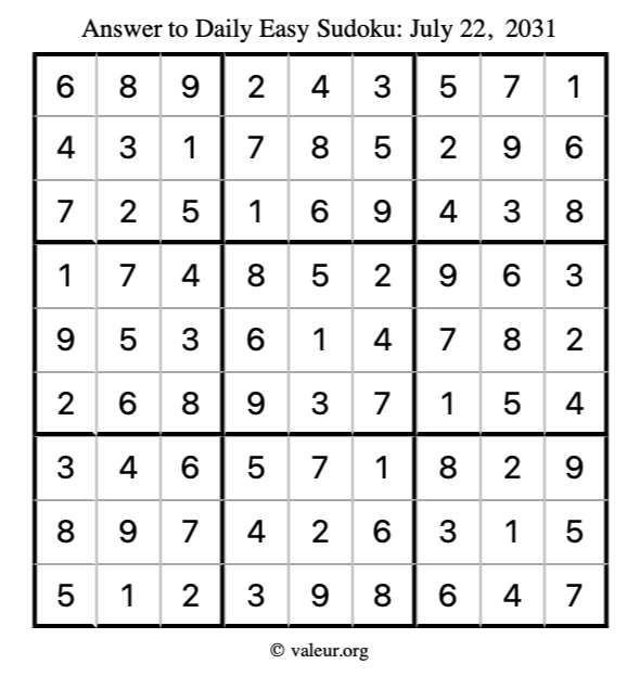 Answer to easy sudoku July 22, 2031