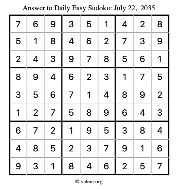 Answer to easy sudoku July 22, 2035