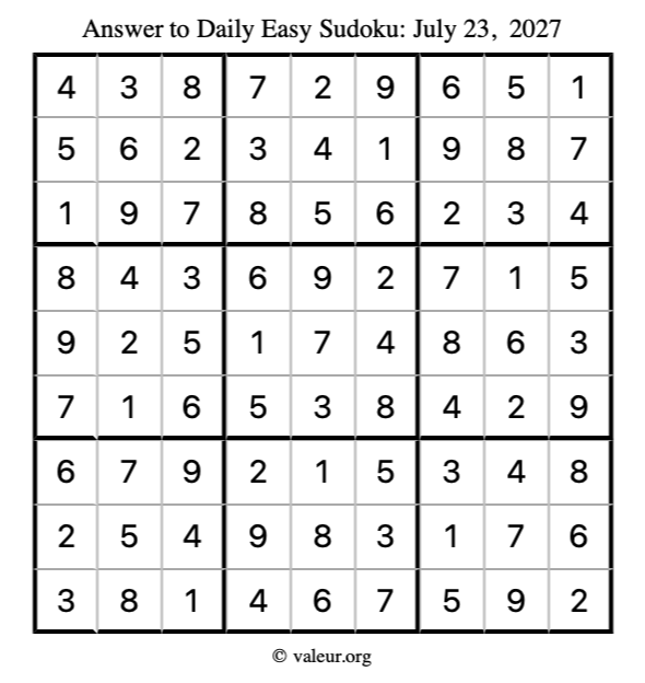 Answer to easy sudoku July 23, 2027
