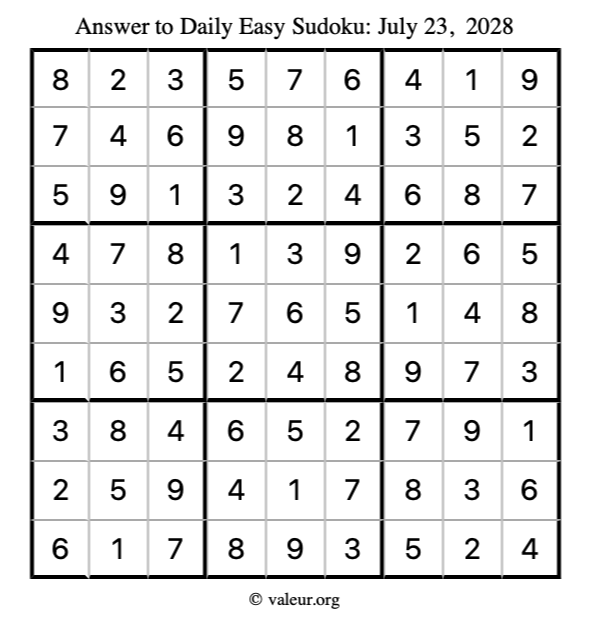 Answer to easy sudoku July 23, 2028