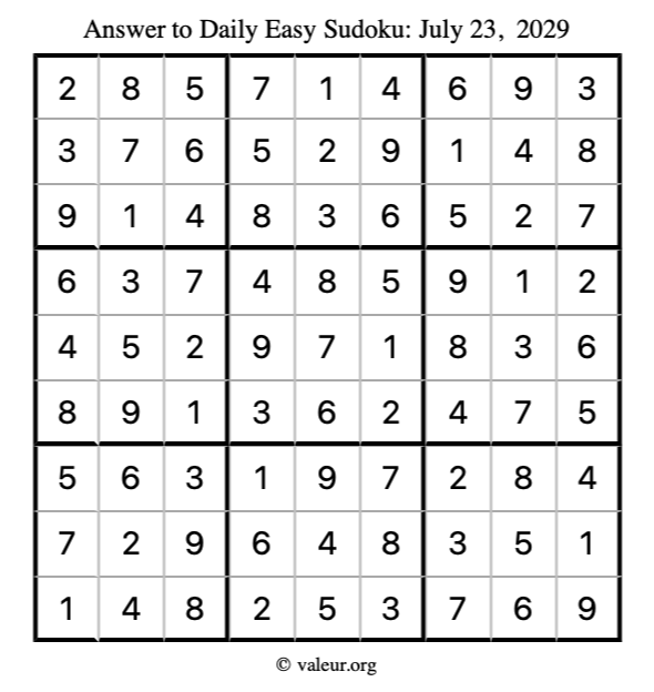 Answer to easy sudoku July 23, 2029