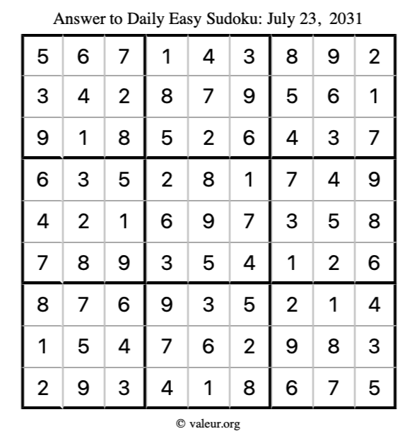 Answer to easy sudoku July 23, 2031