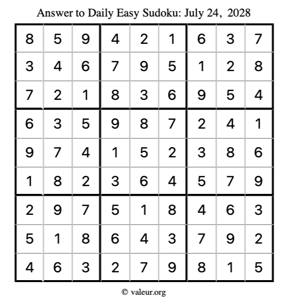 Answer to easy sudoku July 24, 2028
