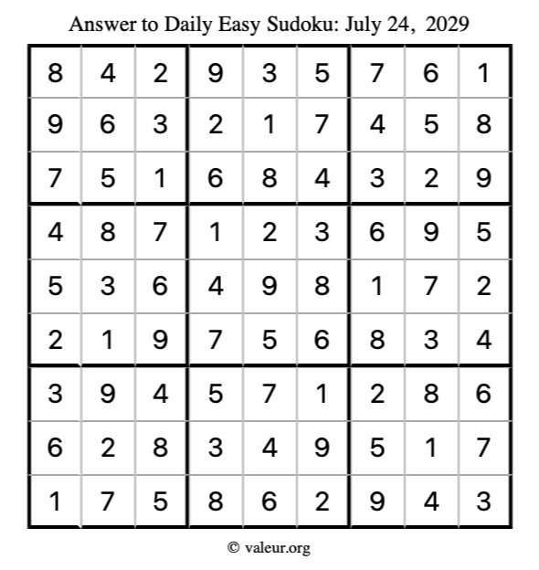 Answer to easy sudoku July 24, 2029