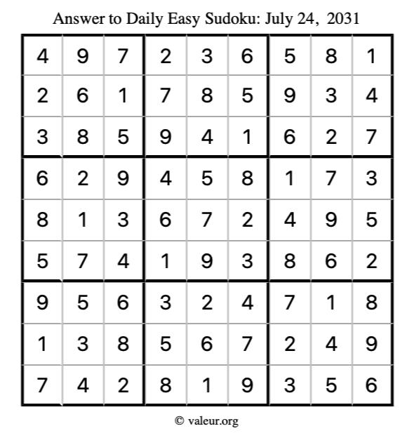 Answer to easy sudoku July 24, 2031