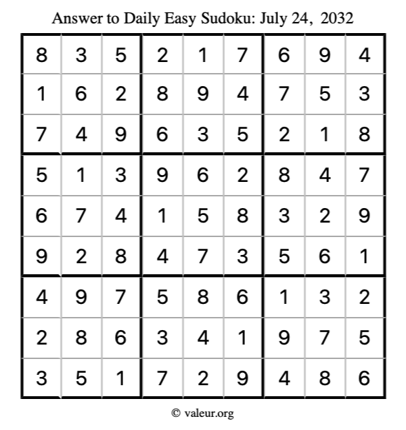 Answer to easy sudoku July 24, 2032