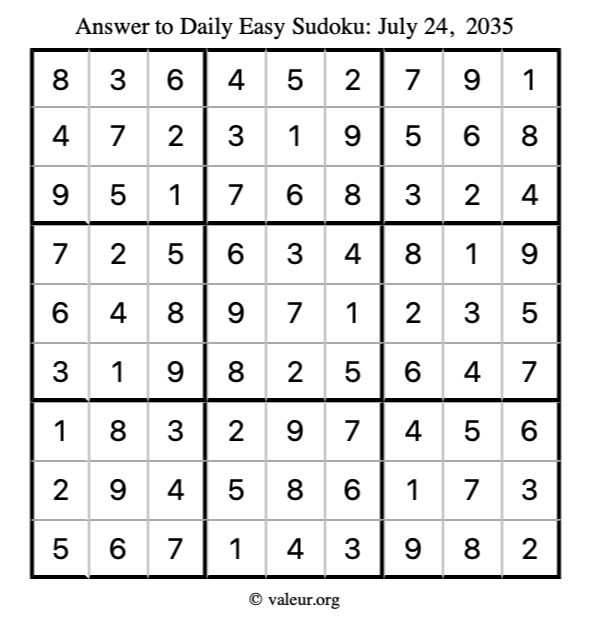 Answer to easy sudoku July 24, 2035