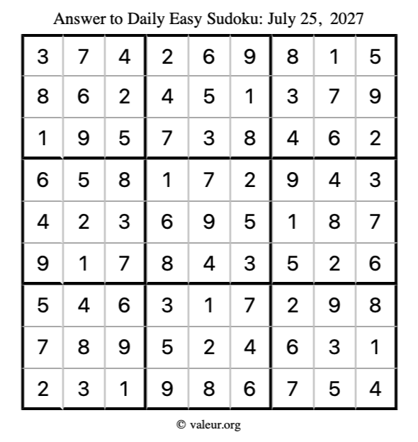 Answer to easy sudoku July 25, 2027