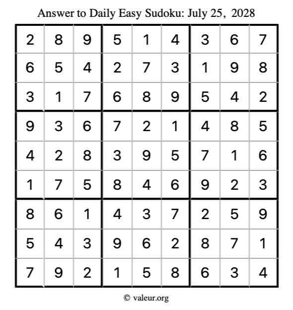 Answer to easy sudoku July 25, 2028
