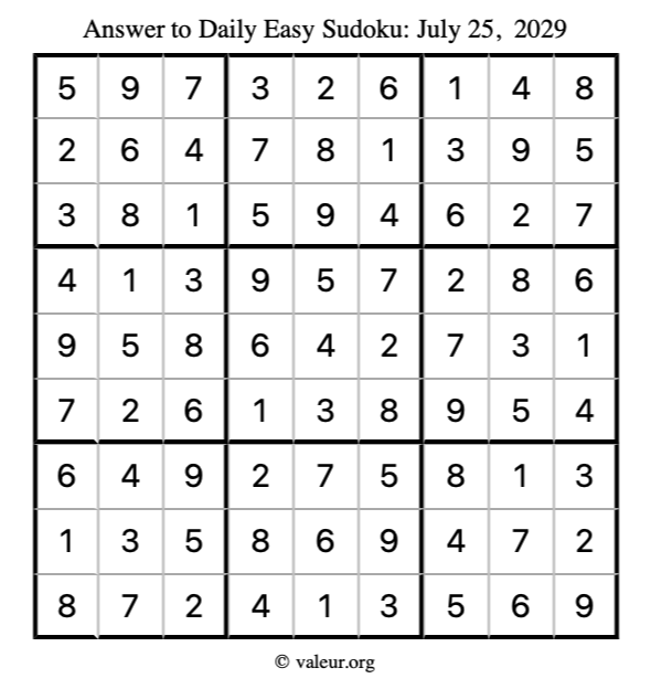 Answer to easy sudoku July 25, 2029