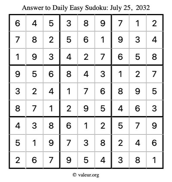 Answer to easy sudoku July 25, 2032