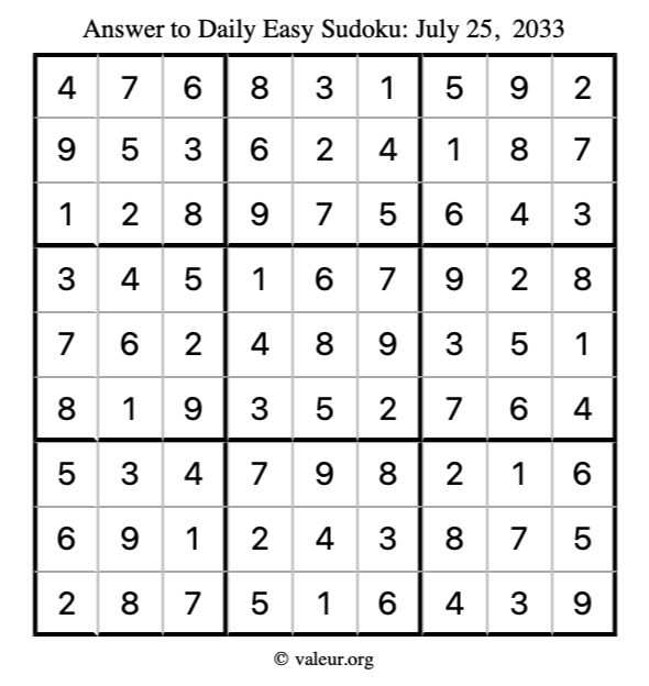 Answer to easy sudoku July 25, 2033