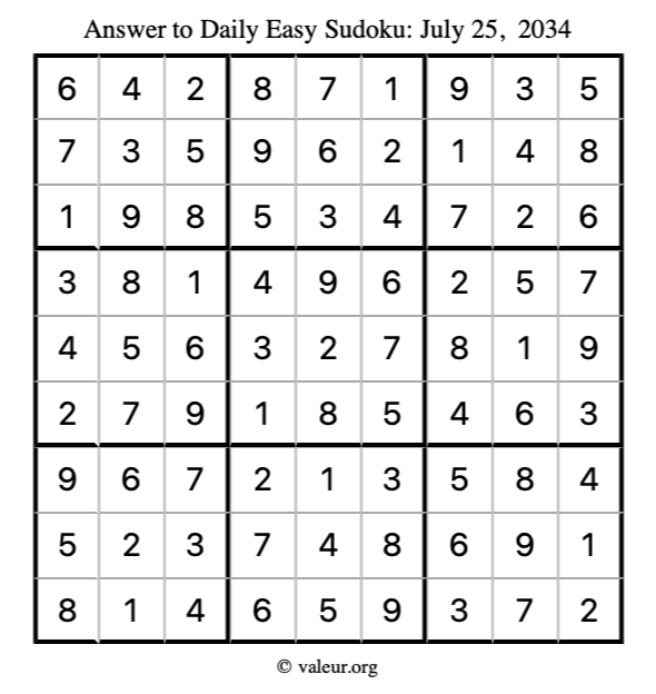 Answer to easy sudoku July 25, 2034