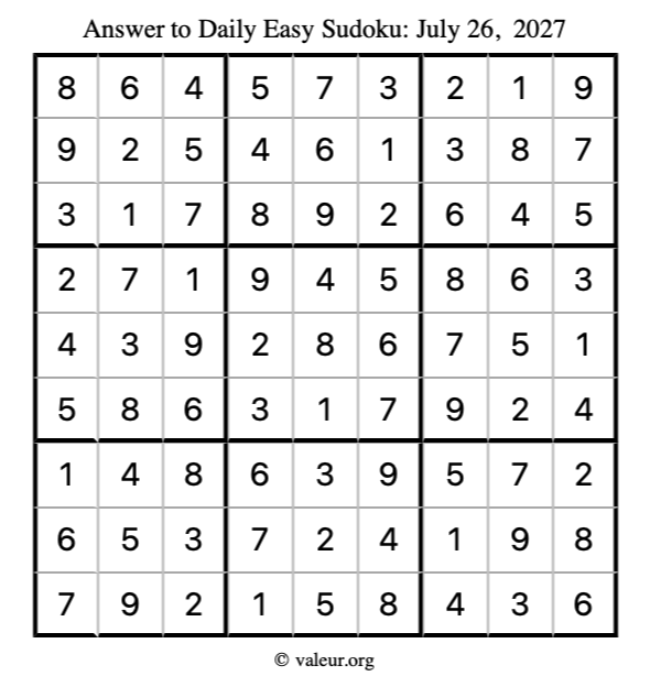 Answer to easy sudoku July 26, 2027