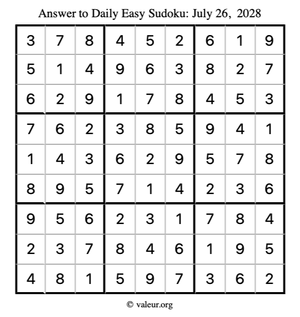 Answer to easy sudoku July 26, 2028