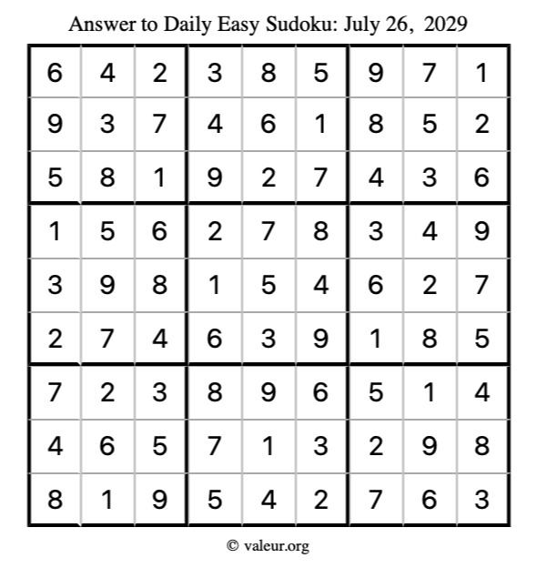 Answer to easy sudoku July 26, 2029