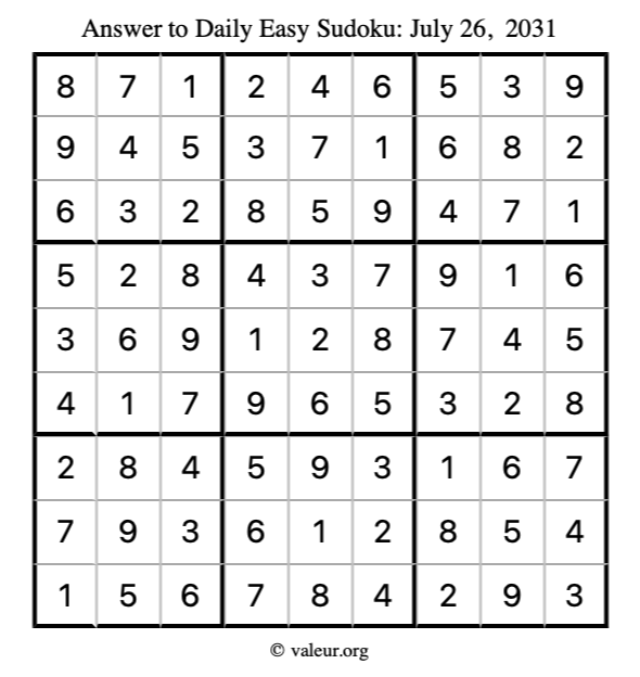 Answer to easy sudoku July 26, 2031