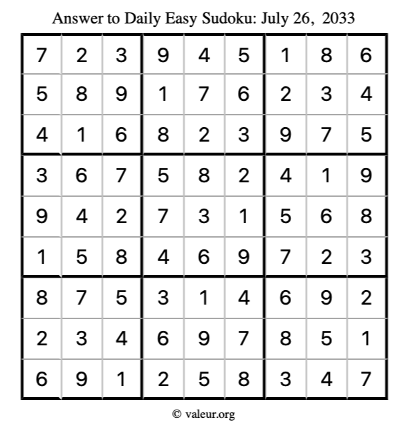 Answer to easy sudoku July 26, 2033