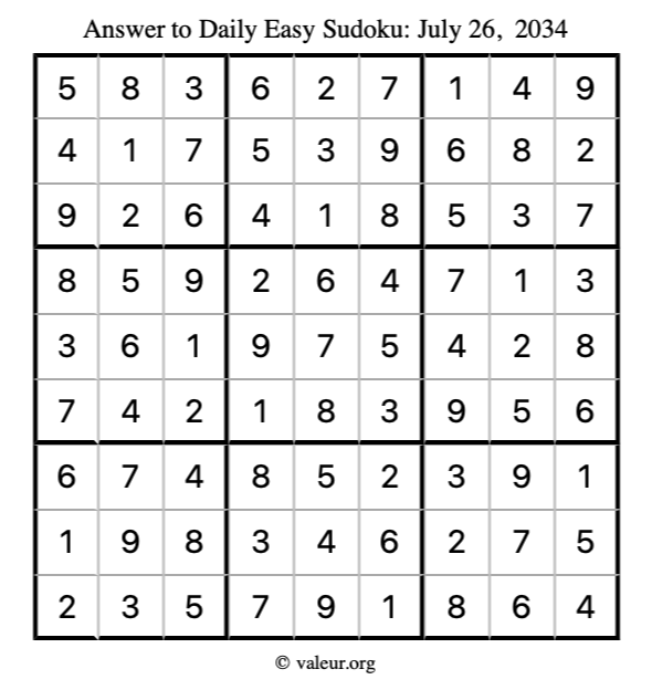 Answer to easy sudoku July 26, 2034