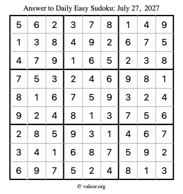 Answer to easy sudoku July 27, 2027