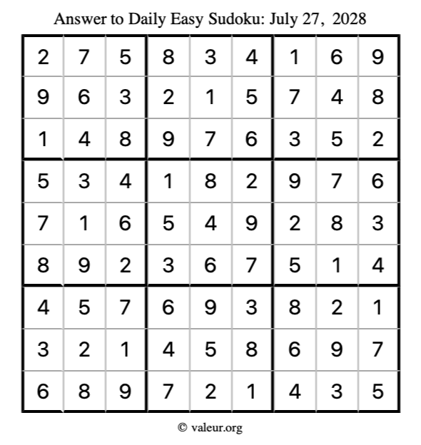 Answer to easy sudoku July 27, 2028