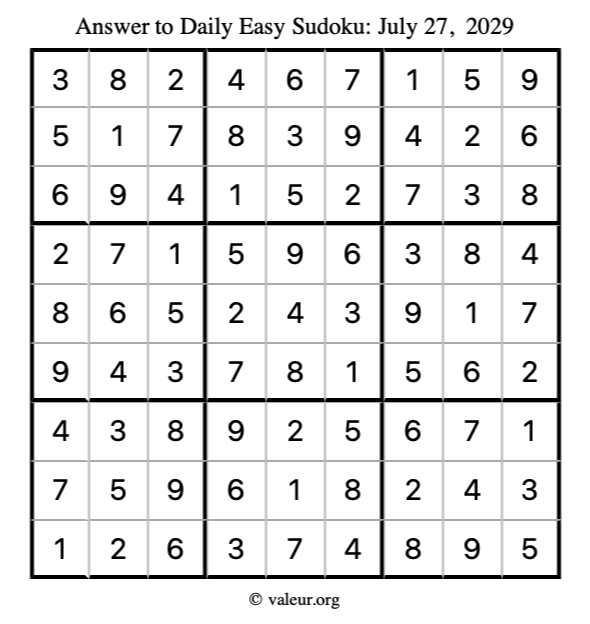 Answer to easy sudoku July 27, 2029