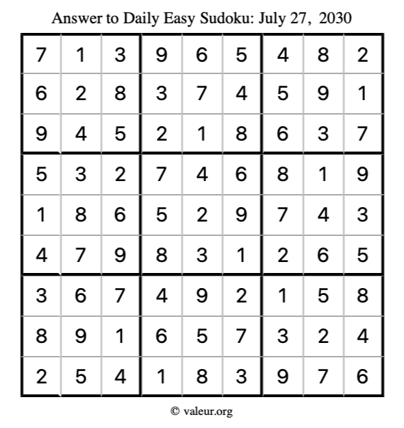 Answer to easy sudoku July 27, 2030