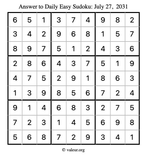 Answer to easy sudoku July 27, 2031