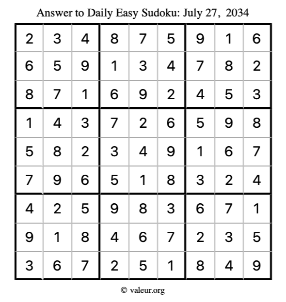 Answer to easy sudoku July 27, 2034