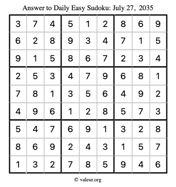 Answer to easy sudoku July 27, 2035