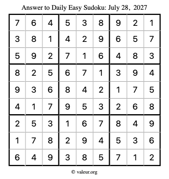 Answer to easy sudoku July 28, 2027