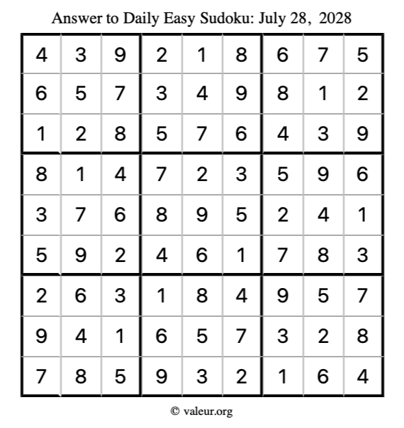 Answer to easy sudoku July 28, 2028