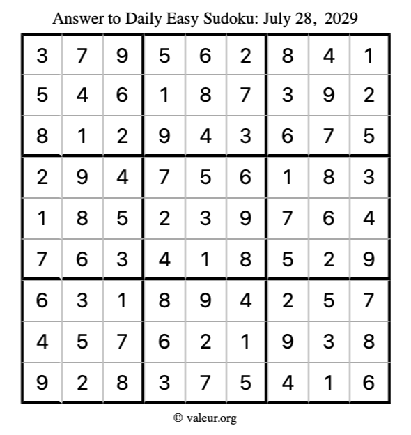 Answer to easy sudoku July 28, 2029