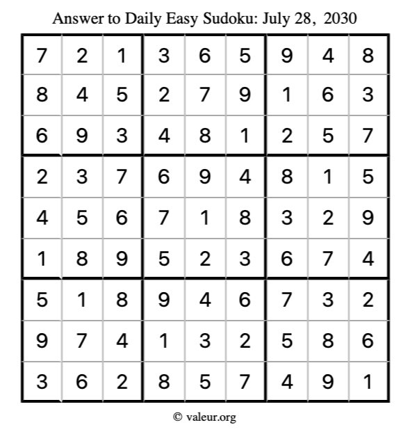 Answer to easy sudoku July 28, 2030