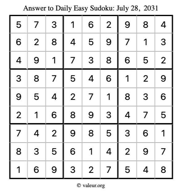 Answer to easy sudoku July 28, 2031