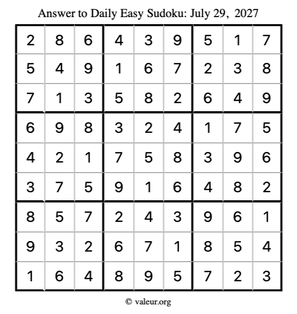 Answer to easy sudoku July 29, 2027