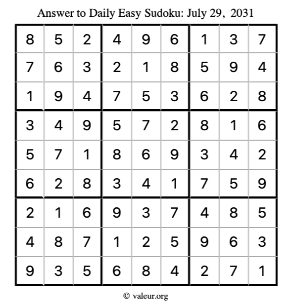 Answer to easy sudoku July 29, 2031
