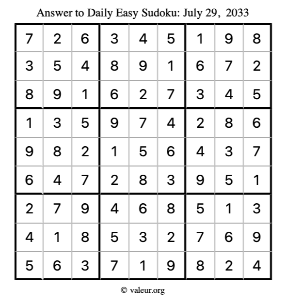 Answer to easy sudoku July 29, 2033