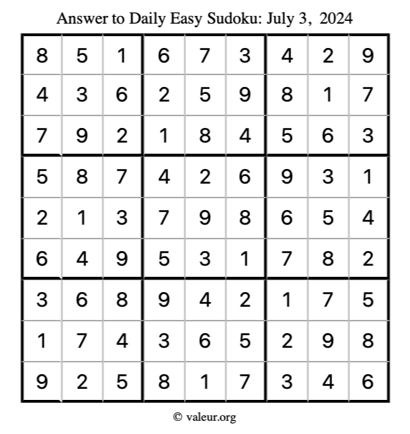 Answer to easy sudoku July 3, 2024