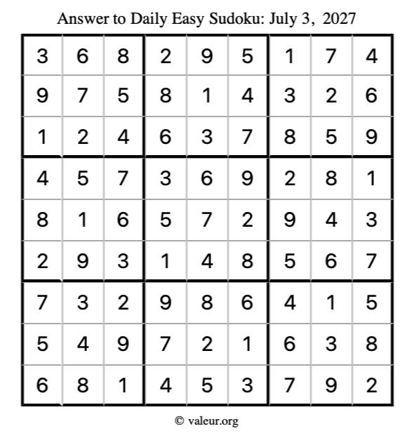 Answer to easy sudoku July 3, 2027