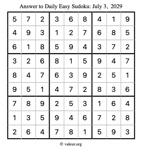 Answer to easy sudoku July 3, 2029