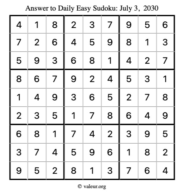 Answer to easy sudoku July 3, 2030