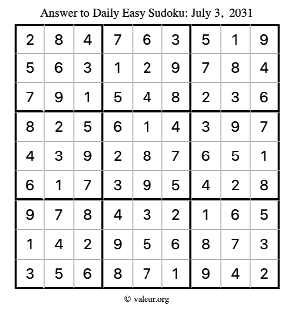 Answer to easy sudoku July 3, 2031