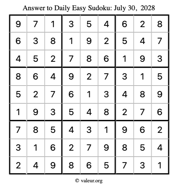 Answer to easy sudoku July 30, 2028